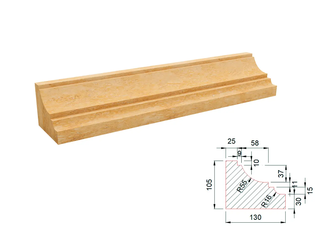Карниз из травертина DIAMOND VEIN M11 600x130x105 мм, код 28427