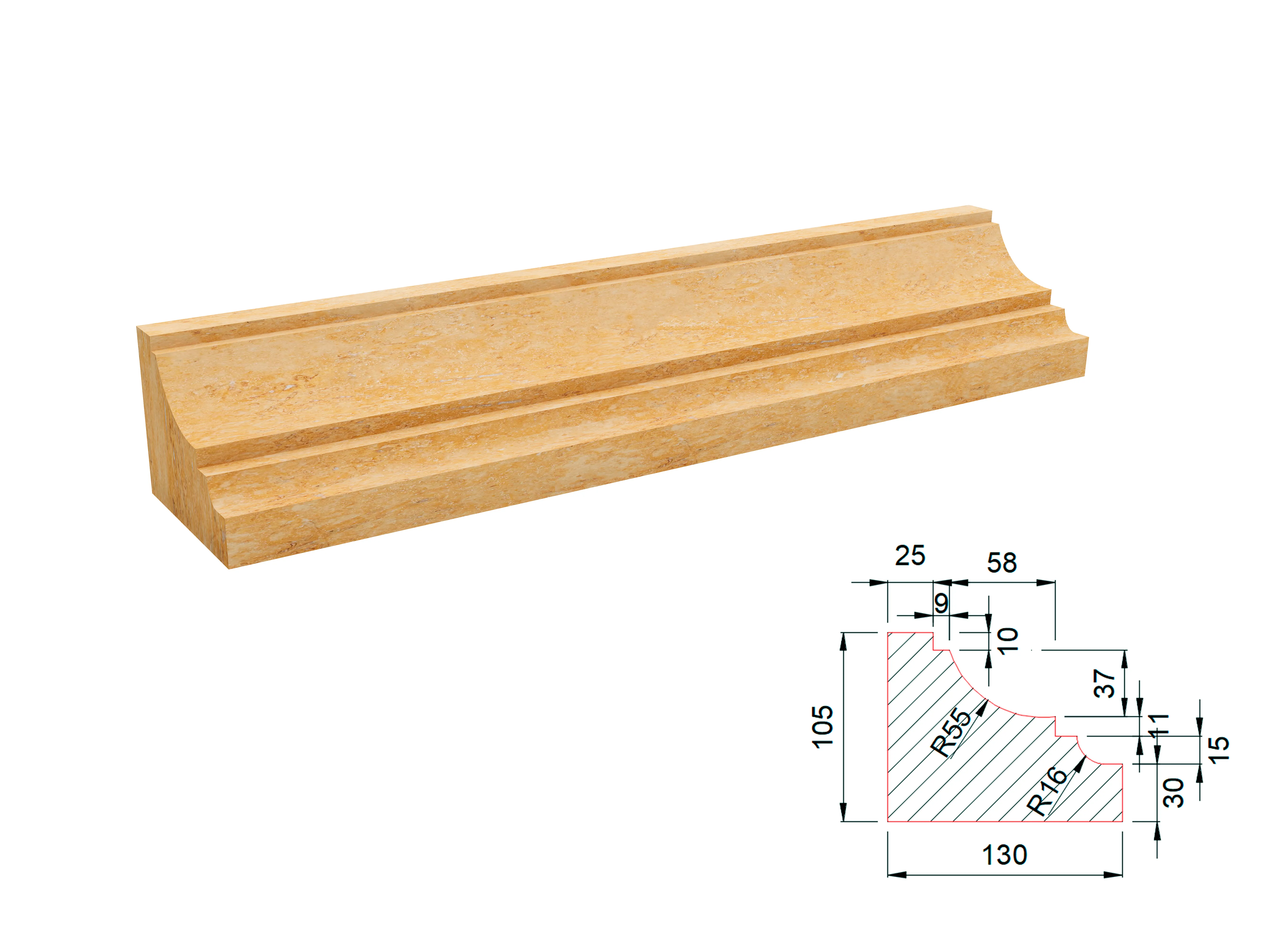 Карниз из травертина DIAMOND VEIN M11 600x130x105 мм, код 28427